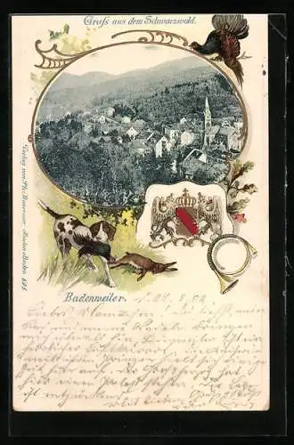 Passepartout-Lithographie Badenweiler, Ortsansicht aus der Vogelschau, Wappen