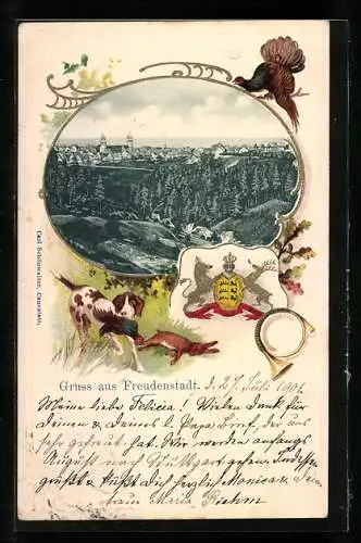 Passepartout-Lithographie Freudenstadt, Totalansicht, Jagdhund mit Beute
