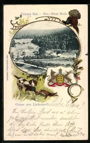 Passepartout-Lithographie Liebenzell, Ortsansicht aus der Vogelschau, Wappen