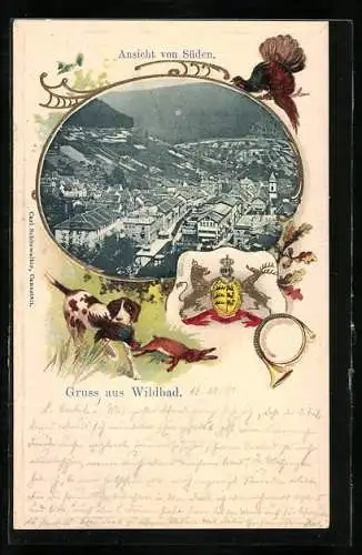 Passepartout-Lithographie Bad Wildbad, Ansicht von Süden, Wappen, Jagdhund