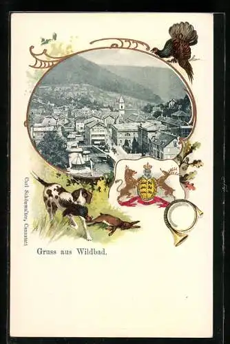Passepartout-Lithographie Wildbad / Enz, Ortspanorama, Wappen, Jagdhund, Auerhahn