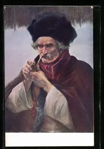 Künstler-AK Alter Mann mit Pelzmütze stopft seine Pfeife