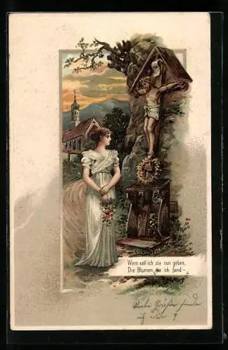 AK junge Frau mit Blumen in der Hand vor Jesuskreuz