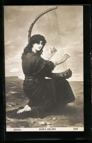 AK Harfa Eolska, Frau am Meer spielt auf Harfe