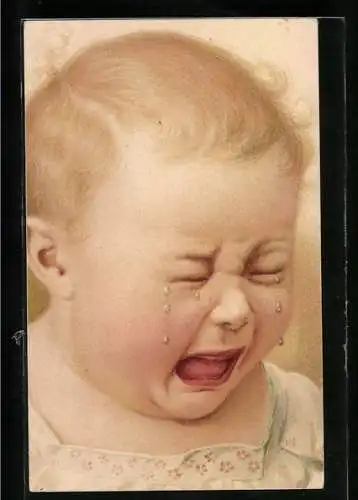 Glasaugen-AK weinendes Baby im Kleidchen