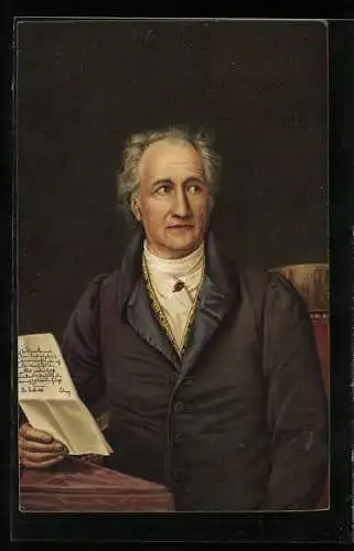 AK Johann Wolfgang von Goethe, mit einem Brief am Schreibtisch sitzend