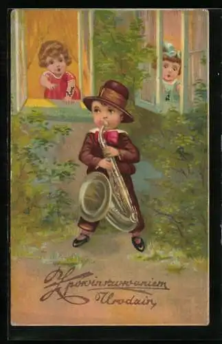 AK Kleiner Junge mit Saxophon vor Mädchen am Fenster