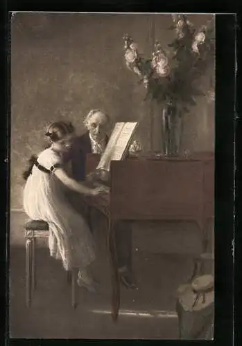 AK Mädchen am Klavier mit Musiklehrer