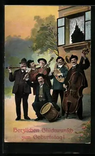 AK Musikanten unterm Fenster mit Kontrabass, Gitarre und Querflöte