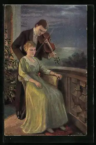 Künstler-AK sign. H. Wehm: Der Sehnsucht Lied, Mann spielt ein Liebeslied auf der Geige