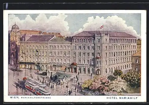 AK Wien, Hotel Mariahilf in der Mariahilferstrasse, Strassenbahn