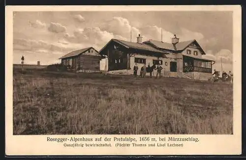 AK Rosegger-Alpenhaus, Wanderer mit Pferd vor der Hütte a. d. Pretulalpe, Pächter Th. u. Lisel Lechner