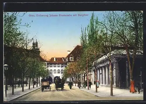 AK Graz, Erzherzog Johann Promenade im Burgthor, Pferdegespann