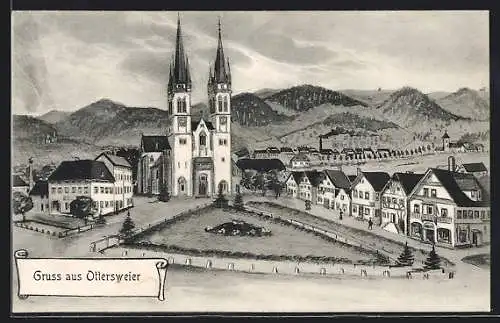 Künstler-AK sign. Hans Pernat: Ottersweier, Blick zur Kirche