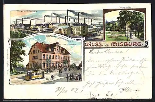 Lithographie Misburg, Restaurant Hermannsburg, Strassenbahn, Cementfabriken, Gutspartie