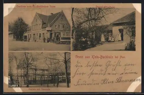 AK Klein-Buchholz bei Han., Gasthaus zum Kl.-Buchholzer Turm, Doppel-Kegelbahn, Garten mit Veranda