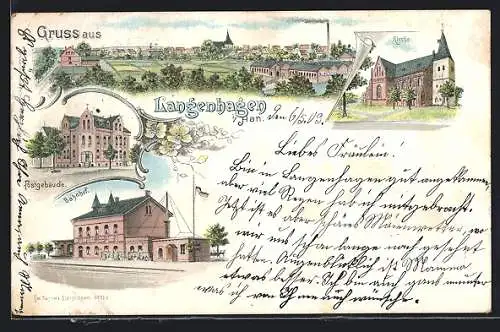 Lithographie Langenhagen i. Han., Bahnhof, Postgebäude, Kirche