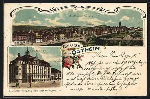 Lithographie Stuttgart-Ostheim, Schulgebäude mit Turnhalle, Ortsansicht mit Kirche