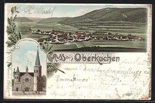 Lithographie Oberkochen, Ortsansicht aus der Vogelschau, geplante Kath. Kirche