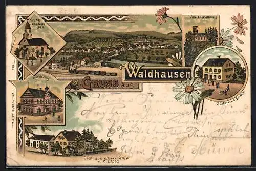 Lithographie Waldhausen / Lorch, Gasthaus z. Germania, Bäckerei C. Schühle, Kirche, Rathhaus, Villa Elisabethenberg