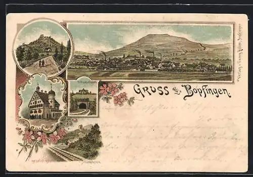 Lithographie Bopfingen, Schlossberg, Rathaus, Bildwasentunnel, Ruine Schenkenstein, Gesamtansicht