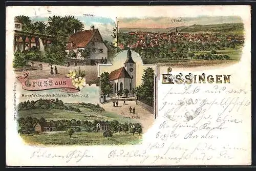 Lithographie Essingen / Württ., Die Mühle, Baron Wellwarth`s Schloss Schnaitberg, Evang. Kirche, Gesamtansicht