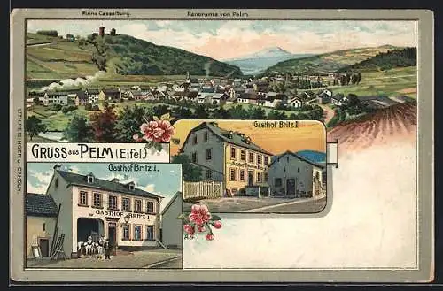 Lithographie Pelm /Eifel, Gasthof Britz I. u. II., Panorama mit Ruine Casselburg