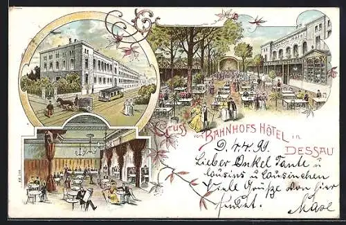 Lithographie Dessau, Bahnhofs-Hotel, Garten und Saal, Strassenbahn