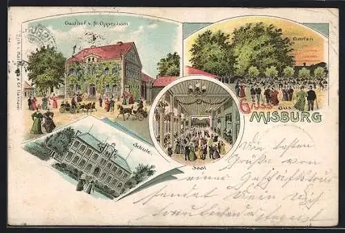 Lithographie Misburg, Gasthof Fr. Oppenbron, Saal, Garten, Schule um 1900