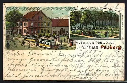 Lithographie Misburg, Strassenbahnen vor dem Gasthaus zur Linde, Inh. Karl Könnecker, mit Gartenwirtschaft