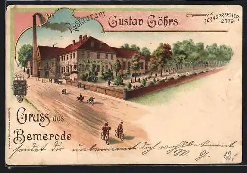Lithographie Hannover-Bemerode, Strassenpartie am Restaurant Gustav Göhrs