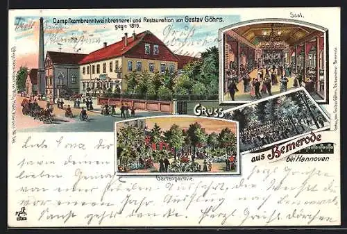 Lithographie Bemerode bei Hannover, Dampfkornbranntweinbrennerei und Restaurant von Gustav Göhrs, Garten und Saal