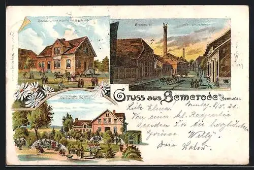 Lithographie Hannover-Bemerode, Restaurant Hermann Gerhardt, Brennerei mit Storchnest