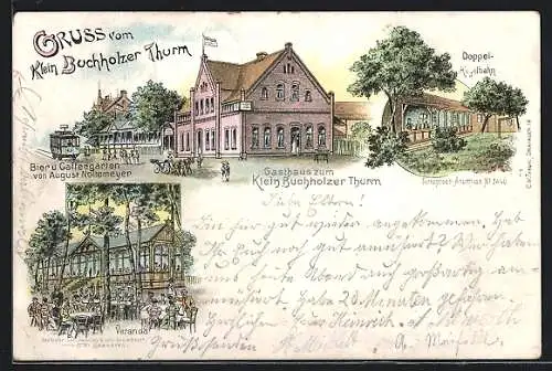 Lithographie Klein Buchholz, Das Gasthaus zum Klein Buchholzer Thurm von August Noltemeyer, mit Garten und Kegelbahn