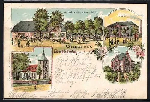 Lithographie Bothfeld / Hannover, Gasthaus von Louis Rahlfs, Schule, Kirche, Pfarrhaus