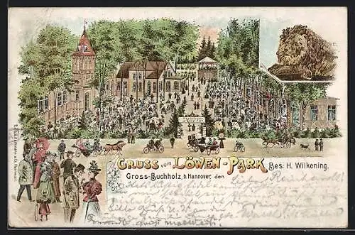 Lithographie Gross-Buchholz b. Hannover, Der Gasthof Löwen-Park v. H. Wilkening mit Gartenwirtschaft