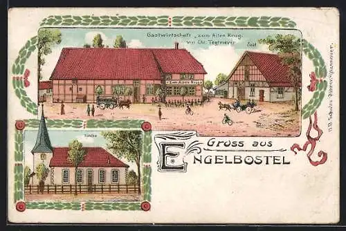 Lithographie Engelbostel, Gasthaus zum Alten Krug v. Chr. Tegtmeyer, mit Saal, Kirche