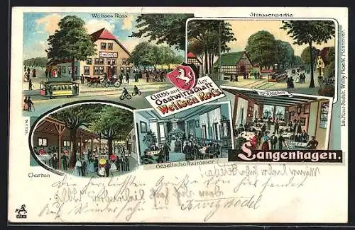 Lithographie Langenhagen, Gasthaus zum Weissen Ross, Gartenwirtschaft, Gesellschaftszimmer, Restaurant, Strassenbahn