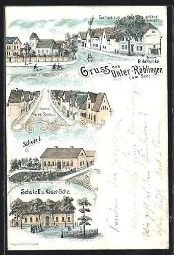 Lithographie Unter-Röblingen am See, Gasthaus zum goldenen Hufeisen v. R. Holtschke, Schulen I und II