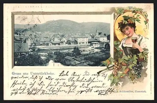 Passepartout-Lithographie Untertürkheim, Ortsansicht mit dem Bahnhof, Frau mit Wein im geprägten Passepartout