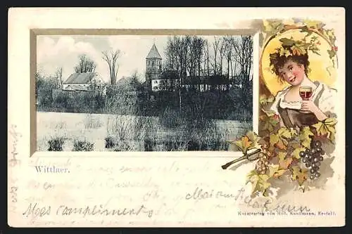 Passepartout-Lithographie Wittlaer, Ortspartie am Ufer, Frau mit Weinglas