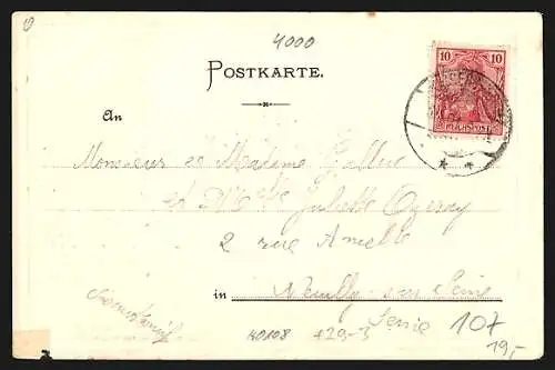 Passepartout-Lithographie Wittlaer, Ortspartie am Ufer, Frau mit Weinglas