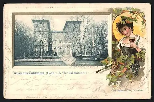 Passepartout-Lithographie Cannstatt, Das Hotel z. d. Vier Jahreszeiten, Junge Frau mit Wein im geprägten Passepartout