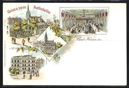 Lithographie Bad Kösen, Gasthaus Rathskeller mit Festsaal, Kirche, Schule