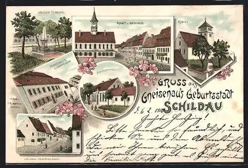 Lithographie Schildau, Markt m. Rathaus, Kirche, Gneisenau`s Geburtshaus, Schützenhaus, Wilhelmsplatz, Kriegerdenkmal