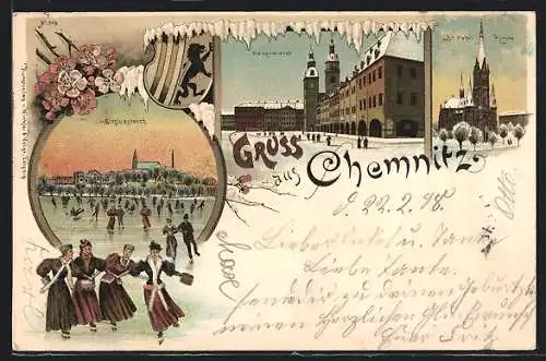 Winter-Lithographie Chemnitz, Hauptmarkt, Schlossteich mit Schlittschuhläufern, St. Petri-Kirche