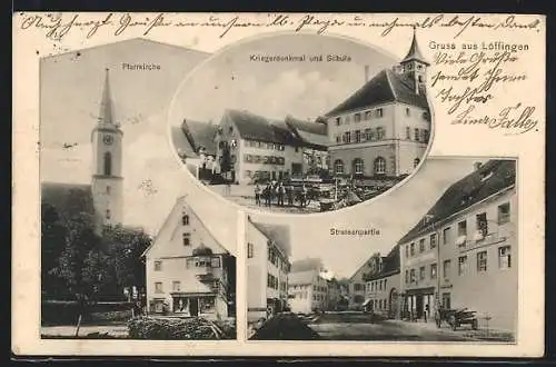 AK Löffingen, Kriegerdenkmal und Schule, Pfarrkirche, Strassenpartie