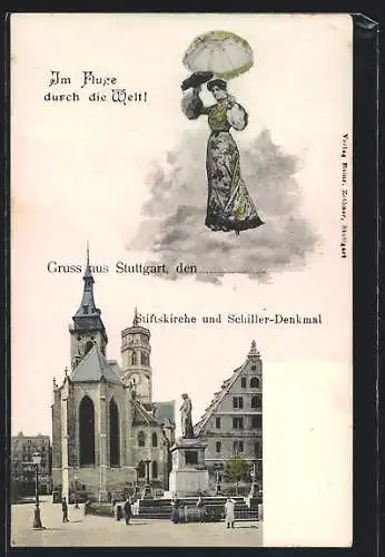AK Stuttgart, Stiftskirche mit Schillerdenkmal, Fliegende Dame mit Schirm