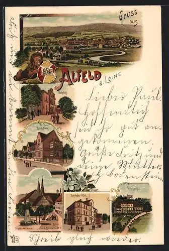 Lithographie Alfeld a. Leine, Bahnhofs-Hotel, Reichsbank, Schlehberg
