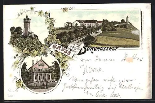 Lithographie Stuttgart, Gaststätte Burgholzhof, Gesamtansicht mit Landstrasse, Aussichtsturm